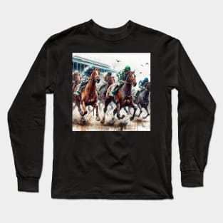 Artistic illustration of horses and jockeys in a horse race Long Sleeve T-Shirt